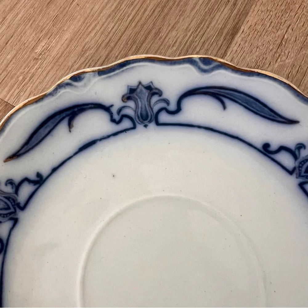 WOOD & SON CLARENCE- FLOW BLUE (c.1891-1907) CUP & SAUCER- Elgar Pattern Antique